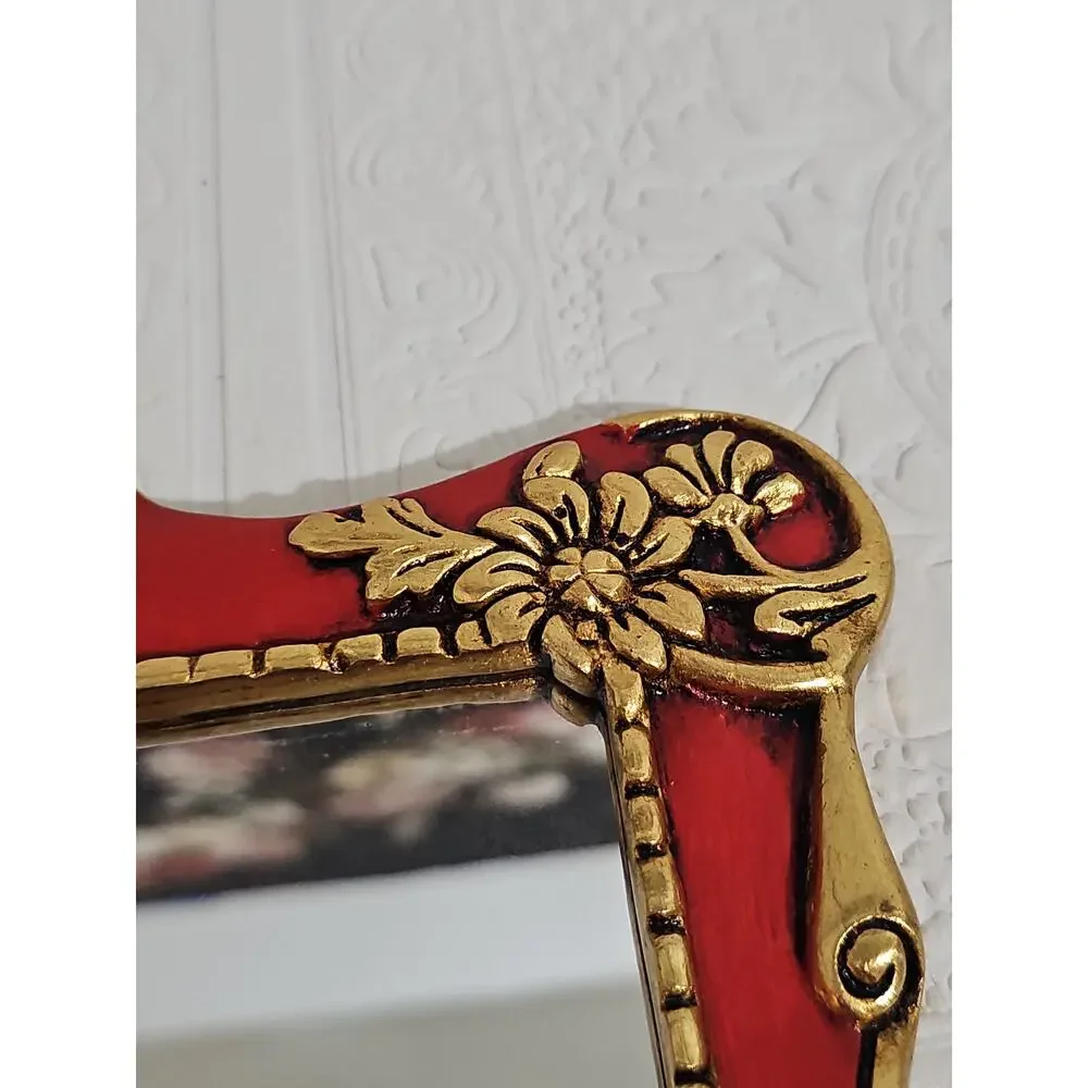 Vintage Red and Gold Ornate Accent Mirror Wall Hanging Scroll Accent Floral